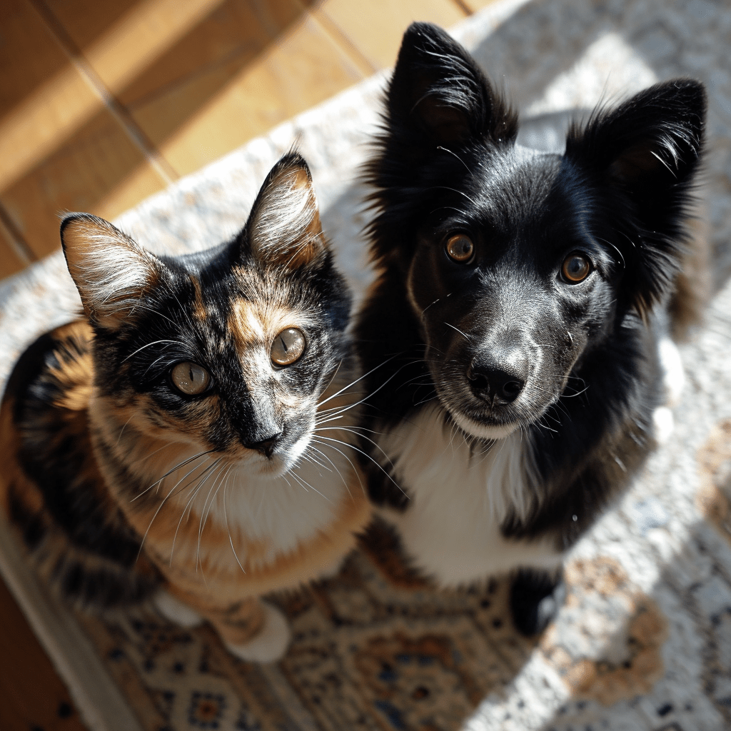 Chat multicolore et chien noir et blanc regardant en haut, sur un fond de parquet clair et tapis blanc.