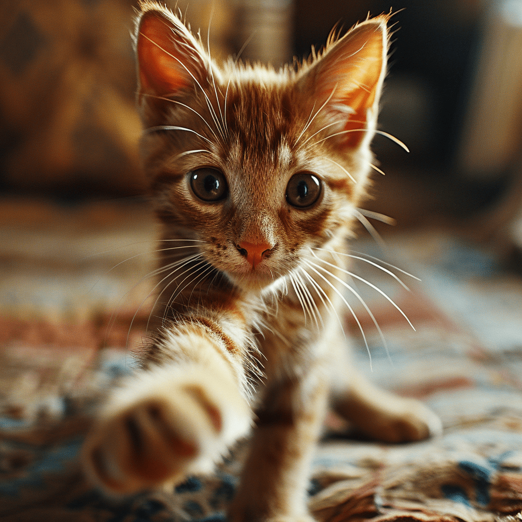 Chaton tigré orange étendant sa patte vers la caméra pour animaux dans un intérieur domestique flou avec des tons chauds.