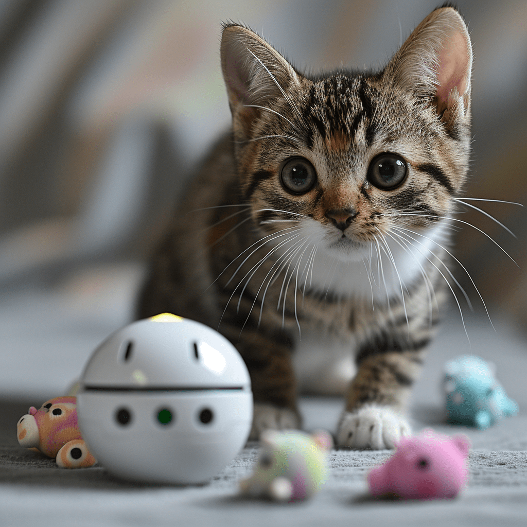 Chaton tigré aux grands yeux curieux face à un jouet robot blanc aux yeux verts lumineux.