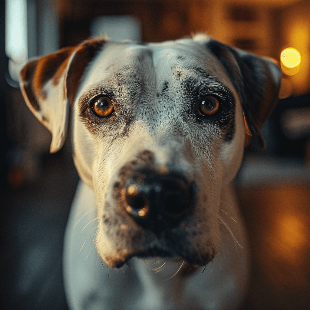 Chien blanc avec des taches brunes et de grands yeux curieux, nez en avant et flou dû à l'angle large.