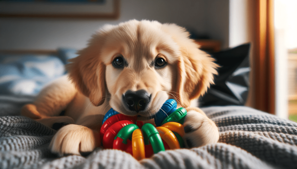 Chiot golden retriever sur une couverture grise mordant doucement un jouet en plastique coloré.