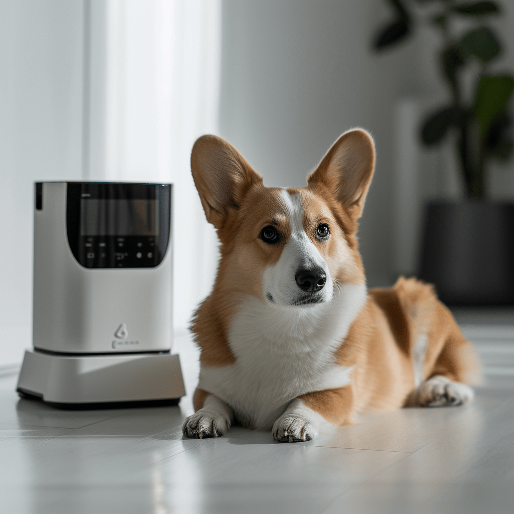 corgi devant distributeur norriture