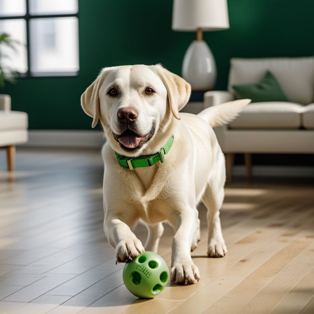 Labrador blanc en mouvement tenant un jouet vert dans sa gueule.