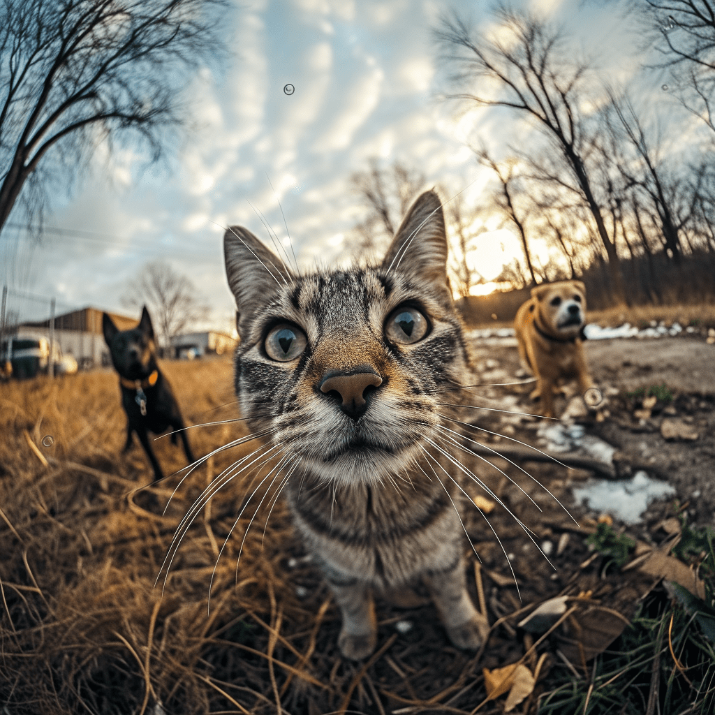 Chat tigré gris prenant un selfie avec un trio de chiens dans un décor extérieur sous un ciel couvert.