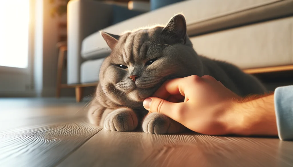 Chat British Shorthair gris content allongé sur un sol en bois avec une main humaine sous son menton