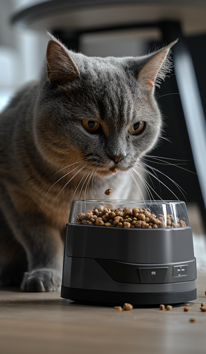 Chat gris mangeant dans une mangeoire automatique noire sur un plancher de bois clair.