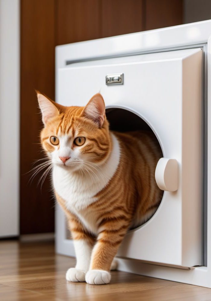 Chat roux observant à travers une porte pour chat blanche de style moderne.